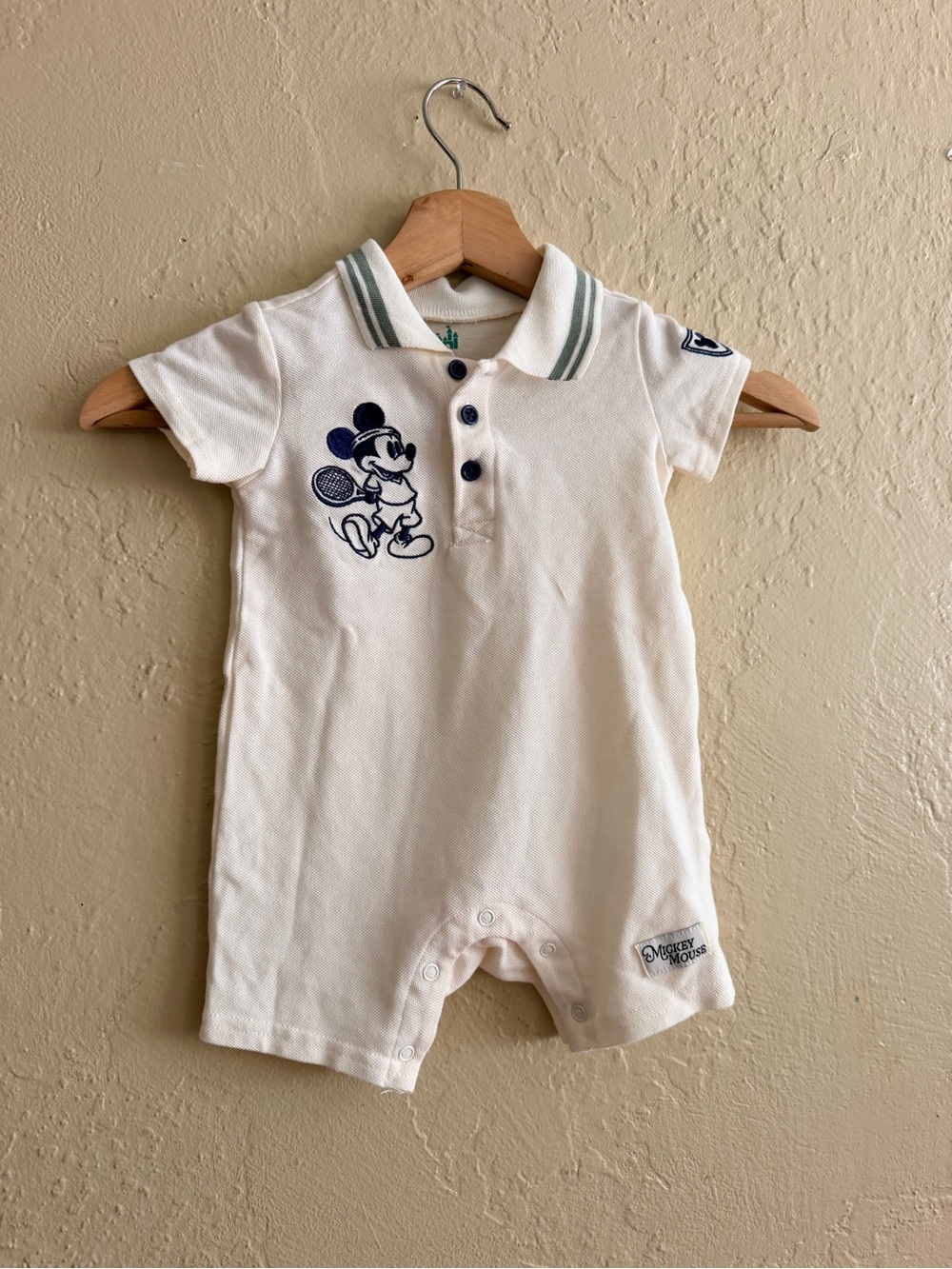 Disney Cream Polo-Style Mickey Mouse Romper with Navy Accents